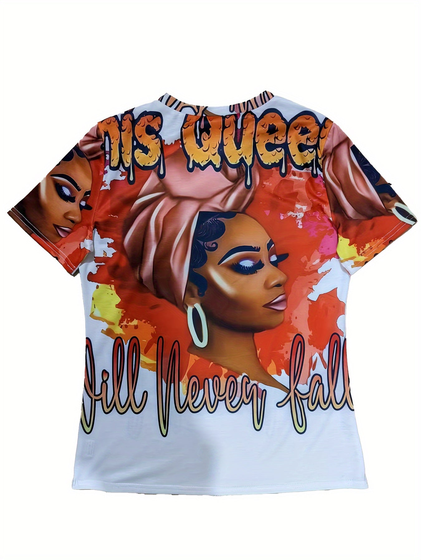 Women's Empowerment Portrait Print T-Shirt - "His Heart Belongs to Her" White High-Stretch Regular Fit Short Sleeve Round Neck Top for Spring Summer Fall Casual Wear, Seasonal Fashion, Bold Text Design, Quality Construction,